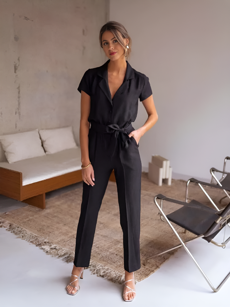 Short-Sleeve Belted Jumpsuit
