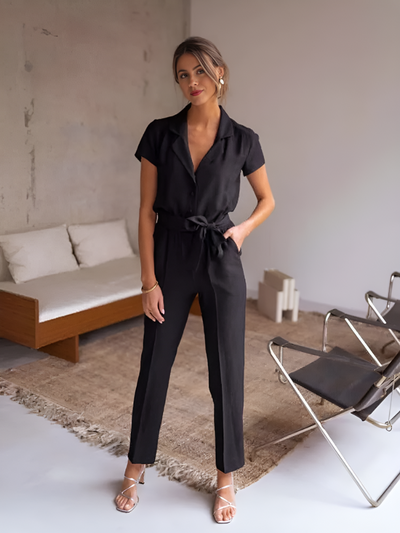 Short-Sleeve Belted Jumpsuit